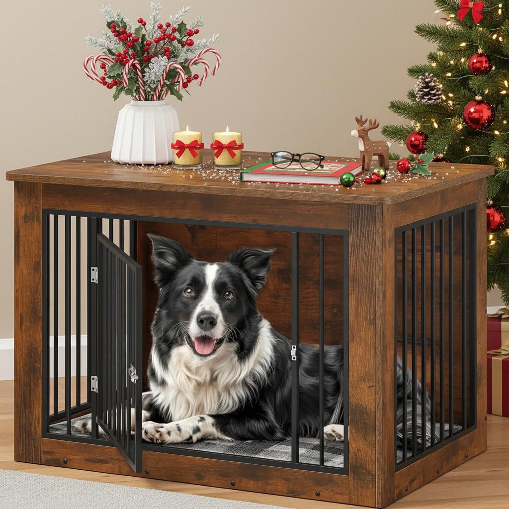 YITAHOME Dog Crate Furniture for Large Dogs, Side End Table, Modern Dogs Kennel Indoor up to 60 lb, 2-in-1 Iron-Wood Fusion Dog Cage with Waterproof Top, Safety Corners, Steel Lock,38'L, Rustic Brown