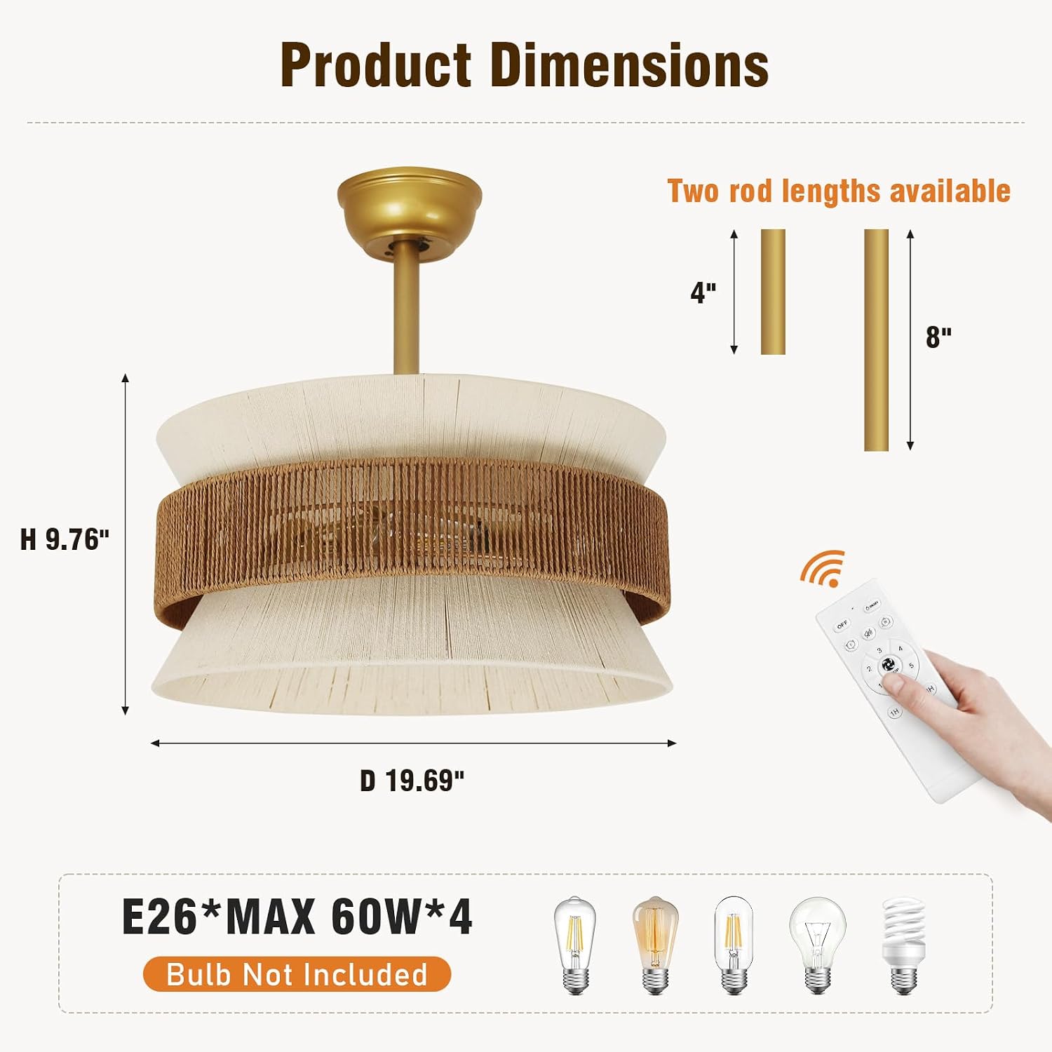 Boho Fandelier Ceiling Fan with Light，Gold Rattan Chandelier Fan Remote Caged Fandelier Ceiling Fan for Bedroom,Nursery,Foyer,Kitchen and Living Room，6 Speeds Timing Adjustment Height Enclosed,20Inch