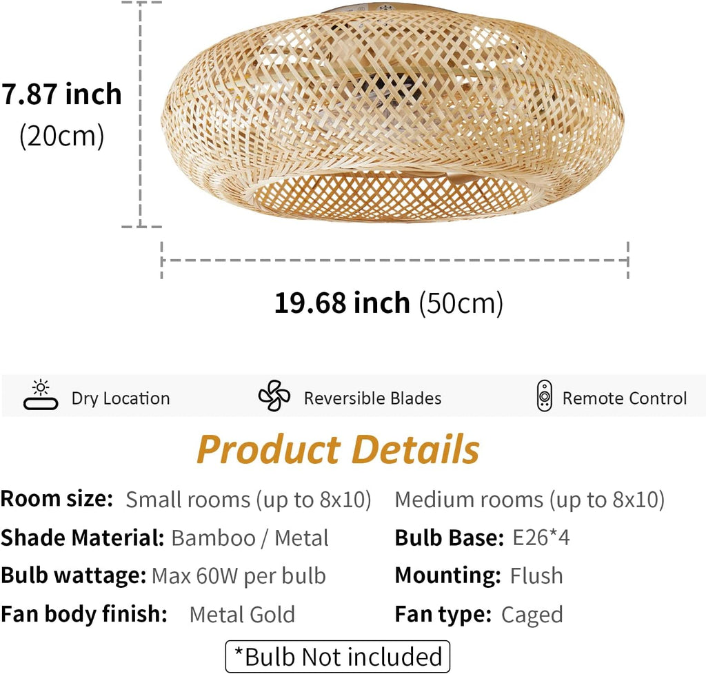ainqiant 20' Boho Ceiling Fans with Lights,Rattan Caged Flush Mount Ceiling Fan with Light, Enclosed Timing 6 Speeds Reversible for Living Room Bedroom Dining Room