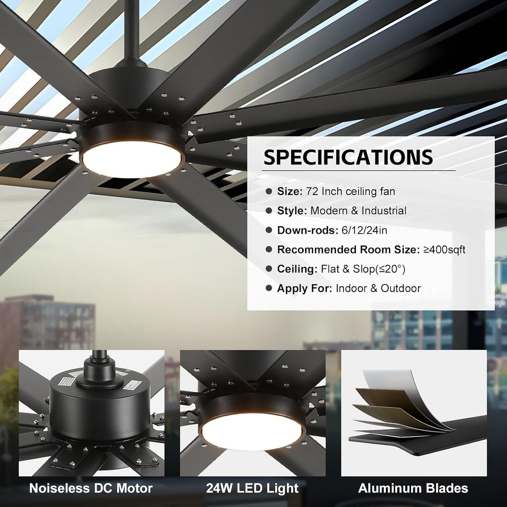 72 Inch Outdoor Smart Ceiling Fan with Lights, Waterproof All Weather Wet Rated, 8 Black Industrial Aluminum Blades, High CFM Quiet DC Motor, Alexa/App Control for Patio, Gazebo & Large Commercial