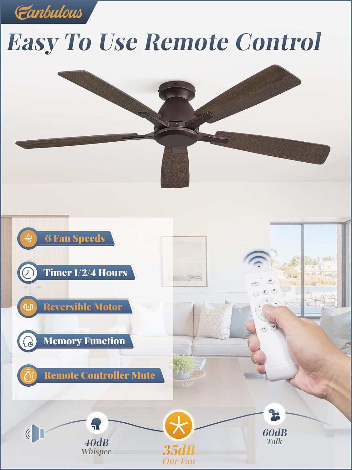 Fanbulous 52 Inch Flush Mount Ceiling Fan No Light with Remote,Modern Low Profile Without Light,6-Speeds,Quiet Reversible DC Motor,Indoor&Outdoor Ceiling Fans for Bedroom,Living Room,Oil Bronze
