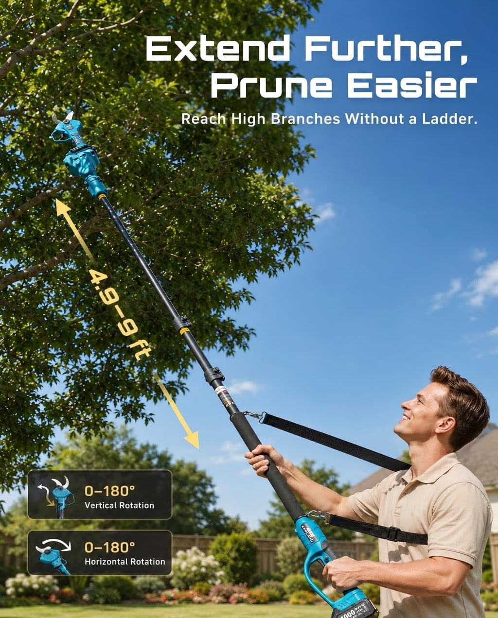SEESII 2-in-1 Pole Pruning Shears: 1.6' Cutting Diameter Cordless Electric Pole Pruners - Brushless Motor, Dual 4.0Ah Batteries, Extra SK5 Blade, 4 Modes Adjustable Branches Cutter for Tree & Flower