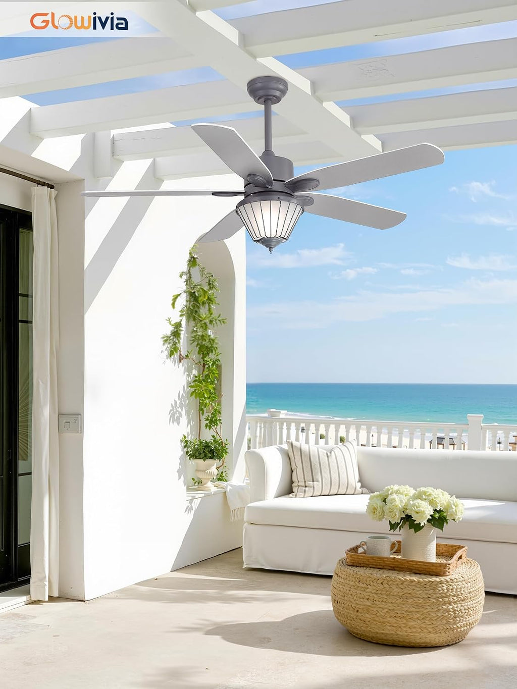 52 Inch Waterproof Outdoor Ceiling Fan with Lights, IP65 Waterproof, Remote Control, 6-Speed Quiet DC Motor, 5 Dual Finish Blades, Farmhouse Ceiling Fan for Patios Porch Pavilion (Gray)