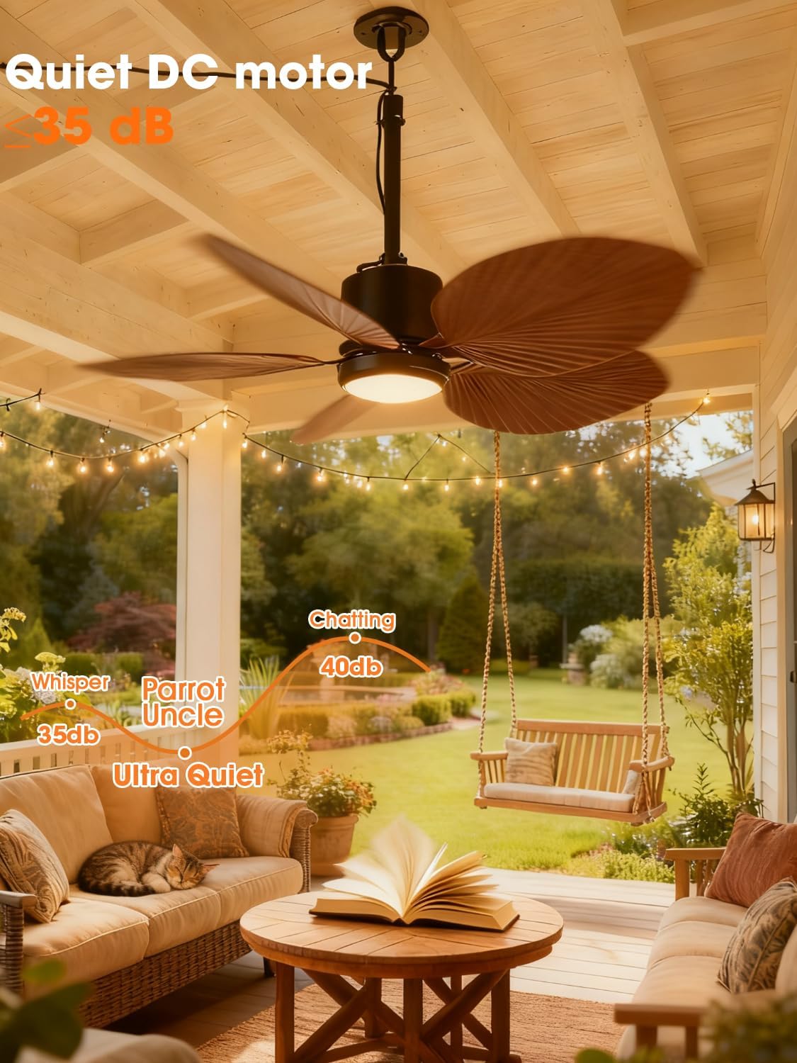 Parrot Uncle 42 Inch Outdoor Palm Leaf Ceiling Fan,IP66 Outdoor Waterproof Ceiling Fan with Light,3CCT 6-Speed Quite DC Motor, Wet Rated Plug in Fans for Patios Porch Pergola (Brown & Black)