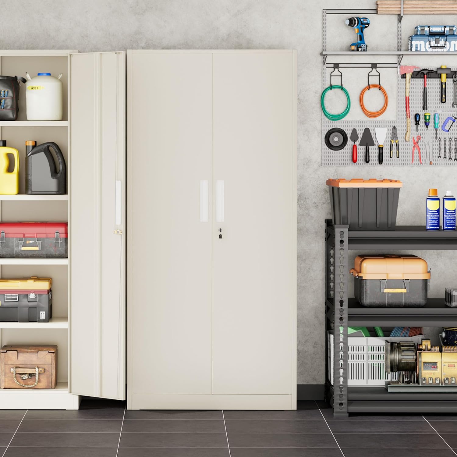 INTERGREAT Garage Storage Cabinet with Lock, 72' Metal Storage Cabinet with Locking Doors and 4 Adjustable Shelves, Lockable Tool Steel Cabinet for Home Office, School, Putty Grey
