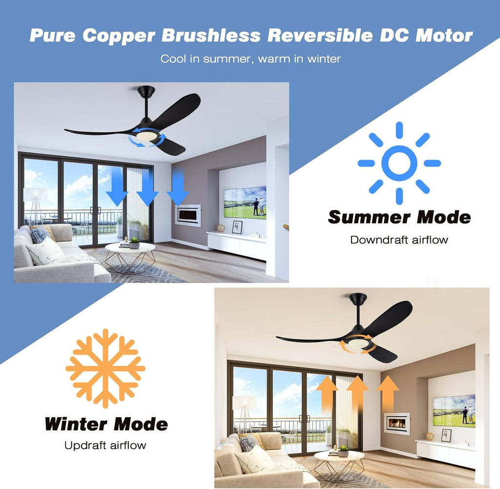 52 Inch Black Ceiling Fans with Lights, Modern Ceiling Fan for Patios with Remote Control, 3 Blades Large Airflow Damp Rated Wood Ceiling Fan for Farmhouse Bedroom, High Low Sloped Ceiling