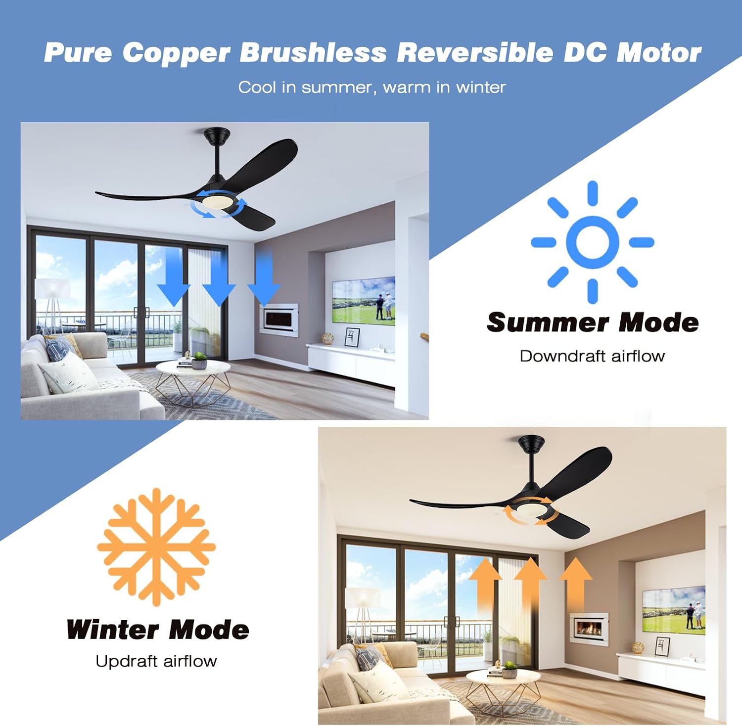 52 Inch Black Ceiling Fans with Lights, Modern Ceiling Fan for Patios with Remote Control, 3 Blades Large Airflow Damp Rated Wood Ceiling Fan for Farmhouse Bedroom, High Low Sloped Ceiling