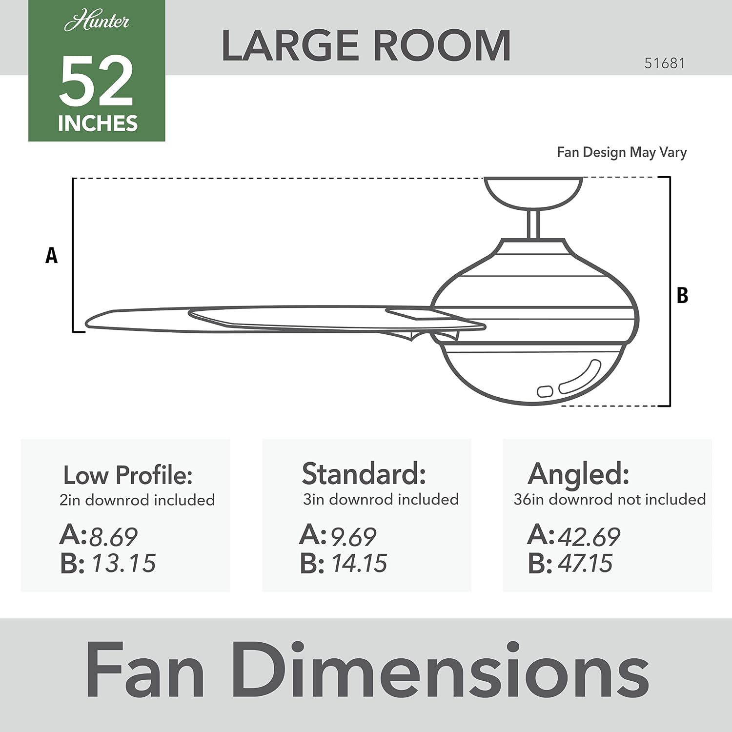 Hunter 52 inch Outdoor or Indoor Ceiling Fan with LED Light and Pull Chain - Black Ceiling Fan, Standard Mount, 5 Blades, For Patio, Porch, Garage, or Living Room - Sea Point 51681, Matte Black