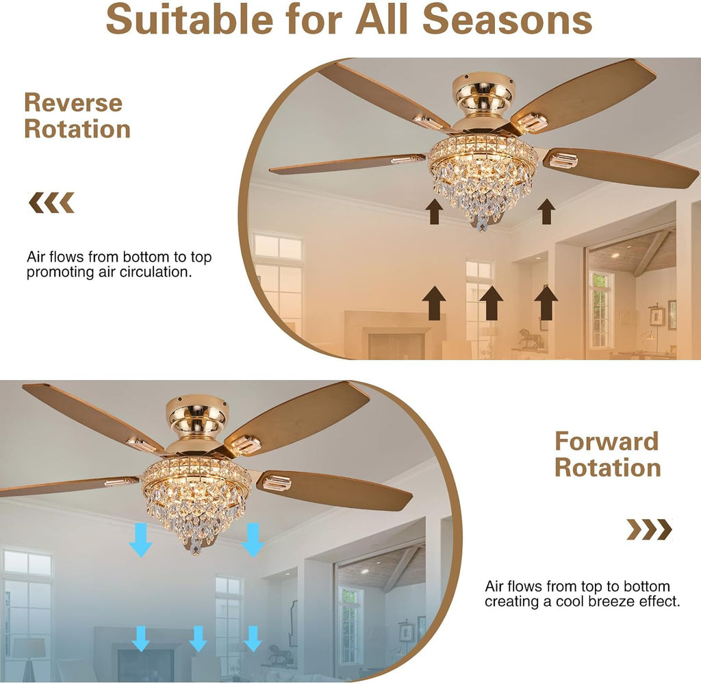 Crystal Ceiling Fan Fandelier with Lights-Ceiling Fans with Lights,50' Low Profile and Remote Control, Flush Mount, Reversible, Dimmable, Noiseless,Gold Ceiling Fan for Bedroom