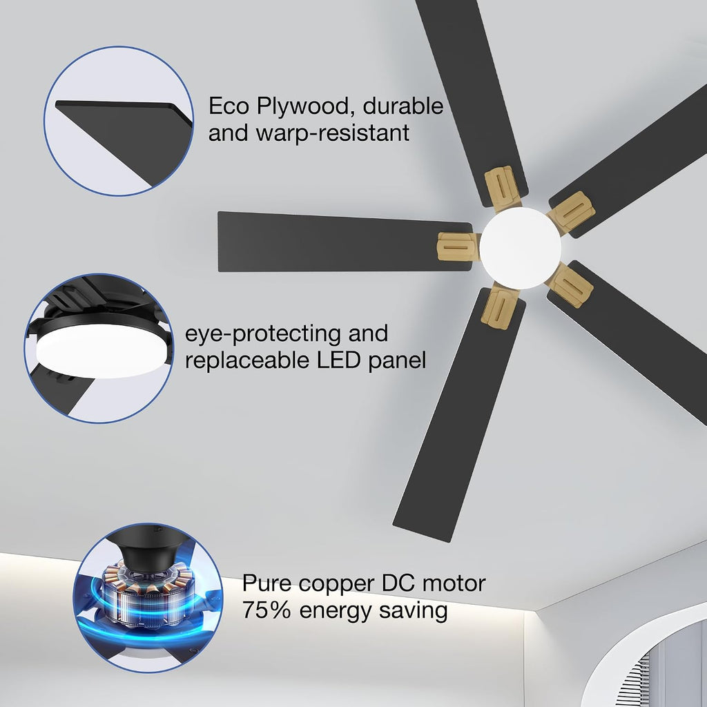 52 Inch Ceiling Fans with Lights,Smart Low Profile Ceiling Fan with Light and Remote Control,Modern Flush Mount Ceiling Fans for Bedroom,Patio,Porch,Outdoor Indoor Use,in Black White and Gold,Quiet
