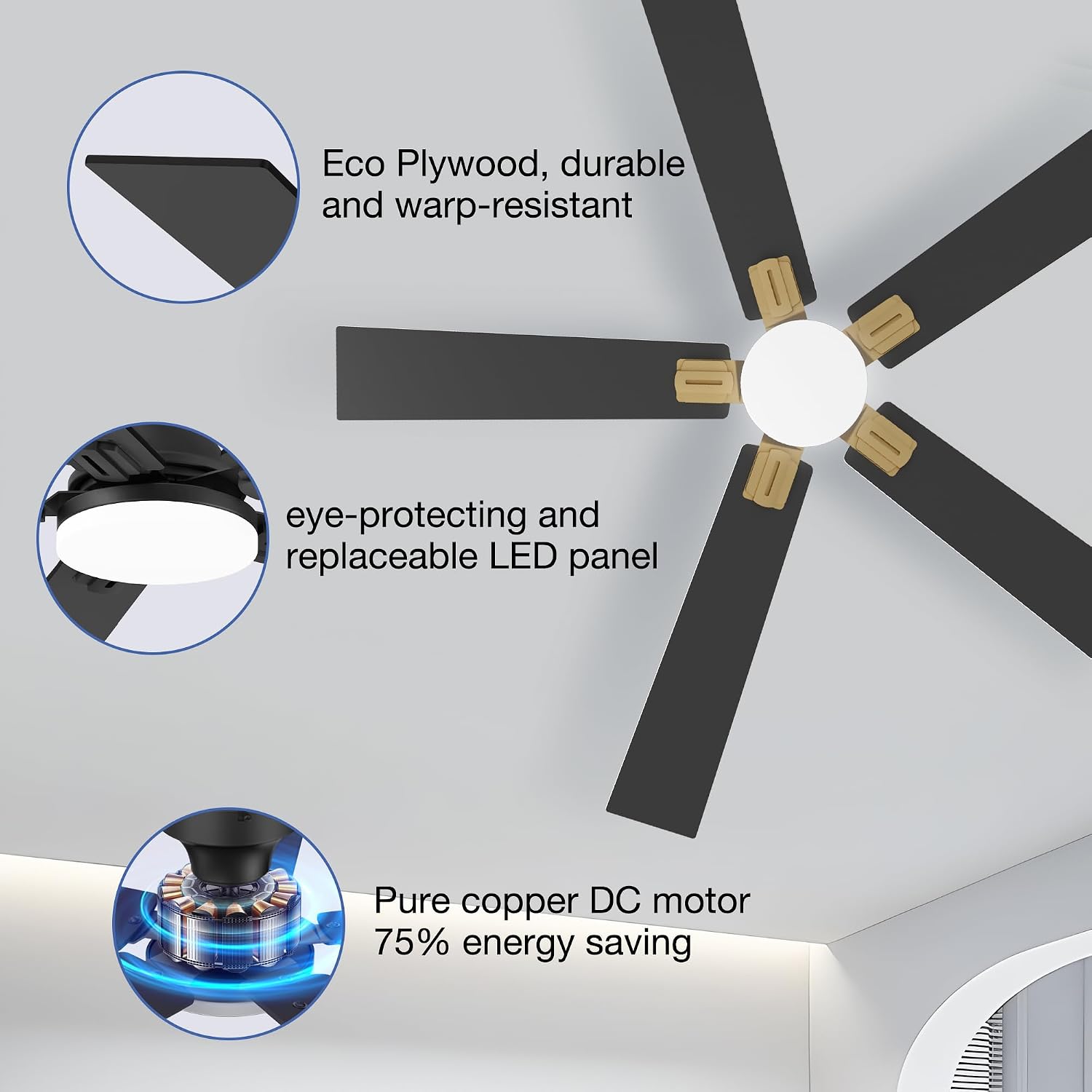52 Inch Ceiling Fans with Lights,Smart Low Profile Ceiling Fan with Light and Remote Control,Modern Flush Mount Ceiling Fans for Bedroom,Patio,Porch,Outdoor Indoor Use,in Black White and Gold,Quiet