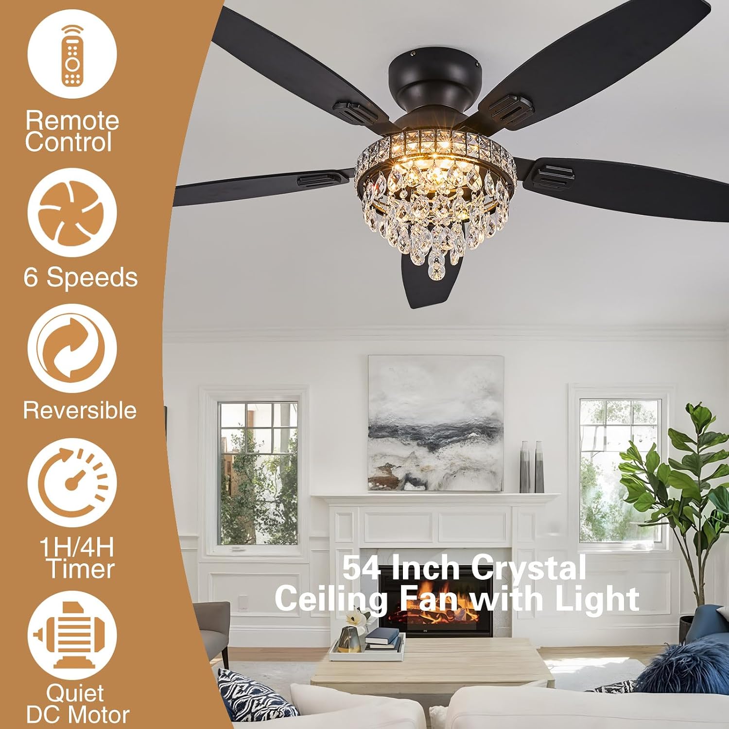 Crystal Ceiling Fan Fandelier with Lights-Ceiling Fans with Lights,54' Low Profile and Remote Control, Flush Mount, Reversible, Dimmable, Noiseless, Black Ceiling Fan for Bedroom