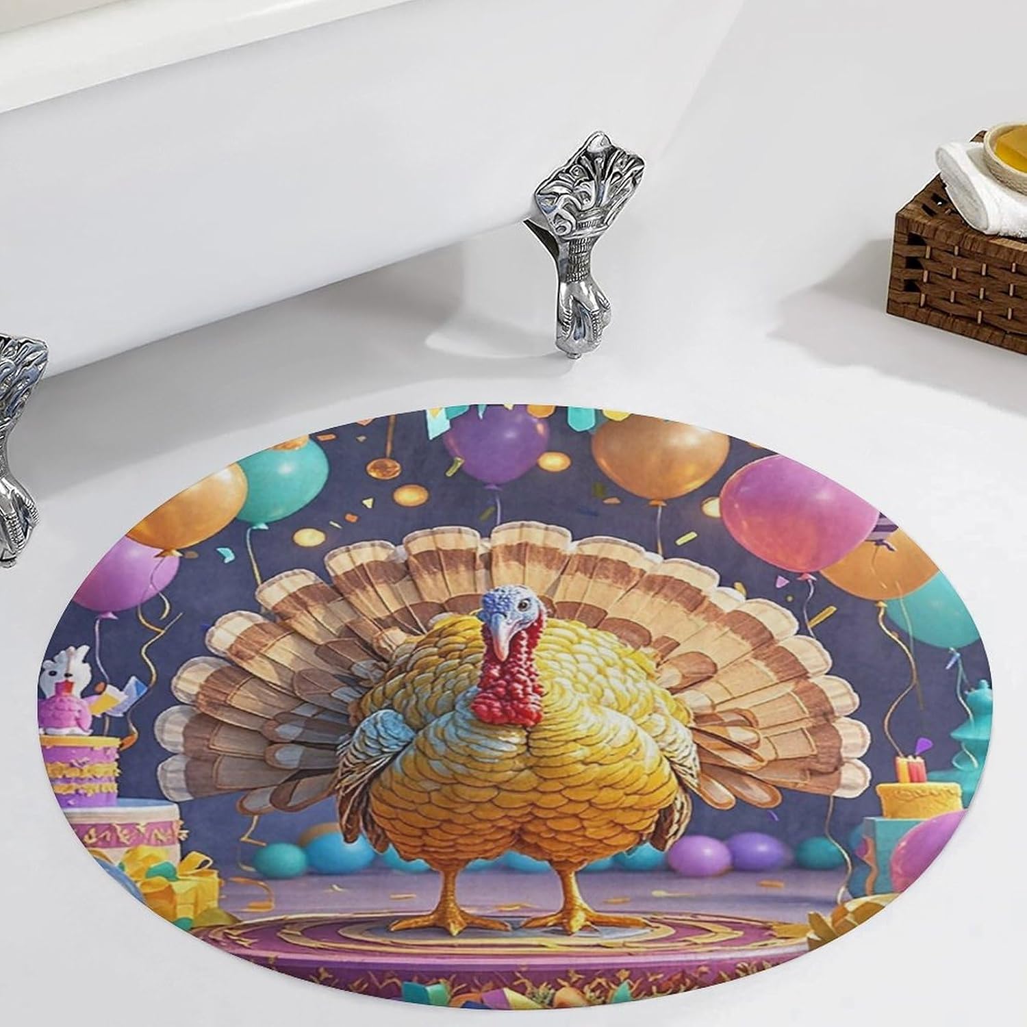 Turkey Party Coral Velvet Round Floor Mat Non-Slip Bath Rug Floor Covering for Bathroom Vanity Guest Suite & Vacation Home