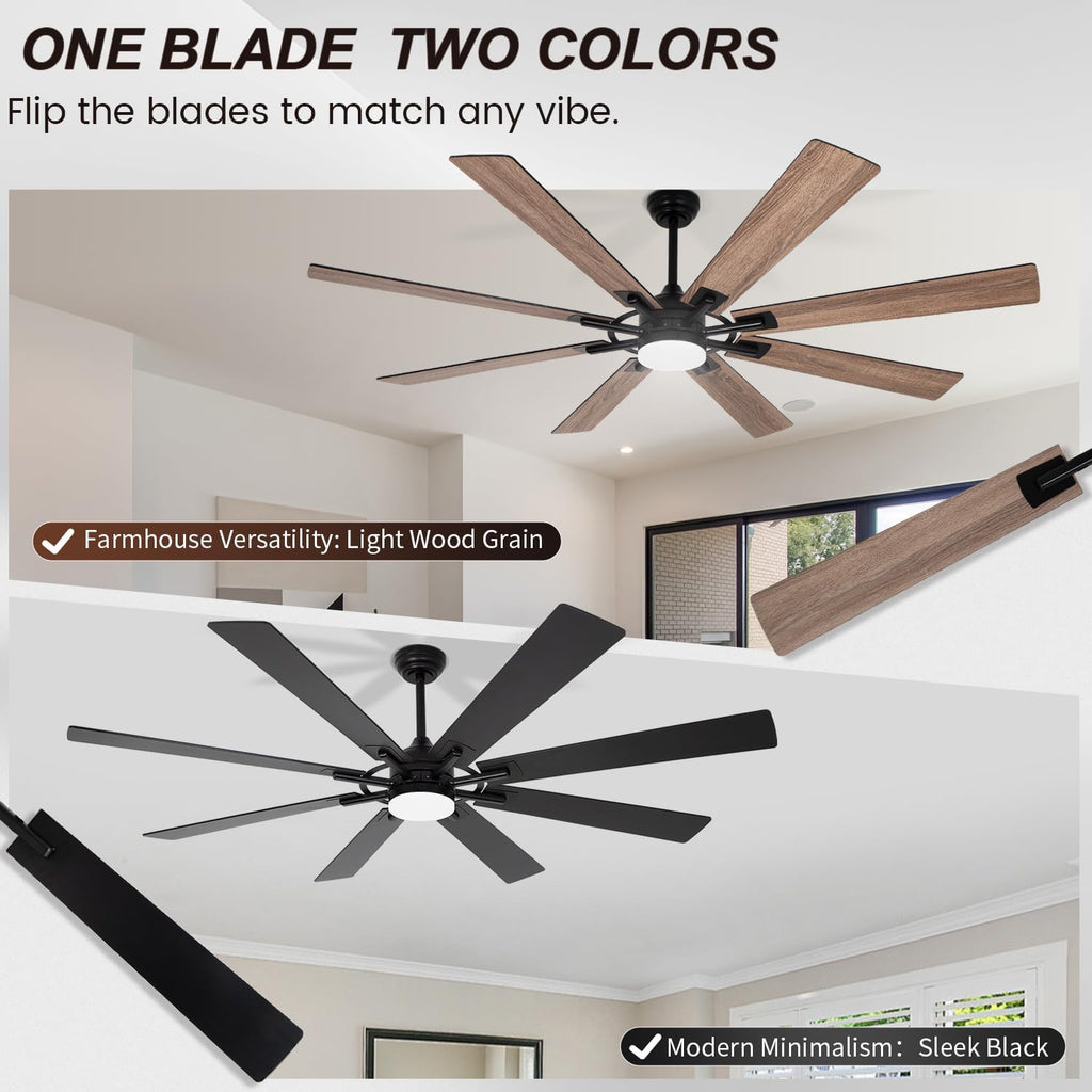 72 inch Large Ceiling Fans with Lights and Remote, Indoor/Outdoor Modern Ceiling Fan for Kitchen Living Room Patio, 6 Speed Reversible Quiet DC Motor, 3 CCT, Dual Finish 8 Blades