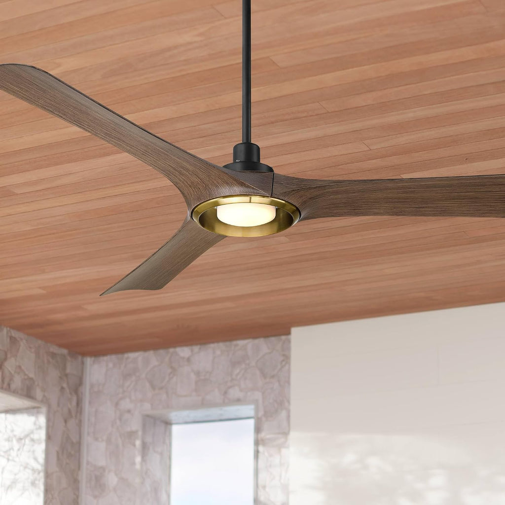Casa Vieja 56' Ethos Modern Industrial Indoor Outdoor Ceiling Fan 3 Blade LED Light Remote Control Matte Black Brown Dark Walnut Finish Blades Bedroom Patio Living Room Damp Rated Decorative