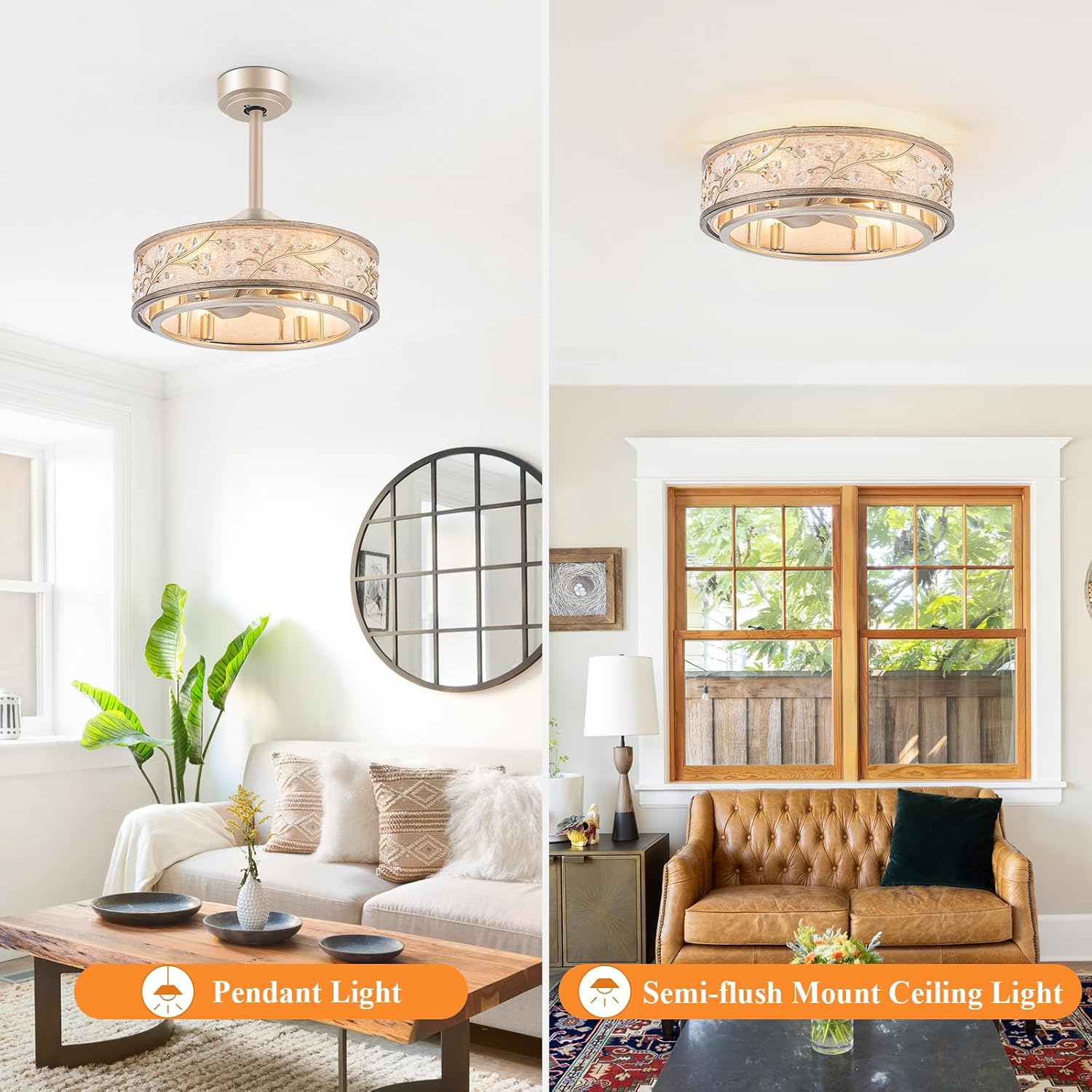 WWM 20 Inch Low Profile Caged Fandelier Ceiling Fan with Lights – Farmhouse Style, DC Motor Fixes Flickering, Reversible Motor, 6 E12 LED Bulbs Included, Remote Control, Quiet & Energy-Efficient