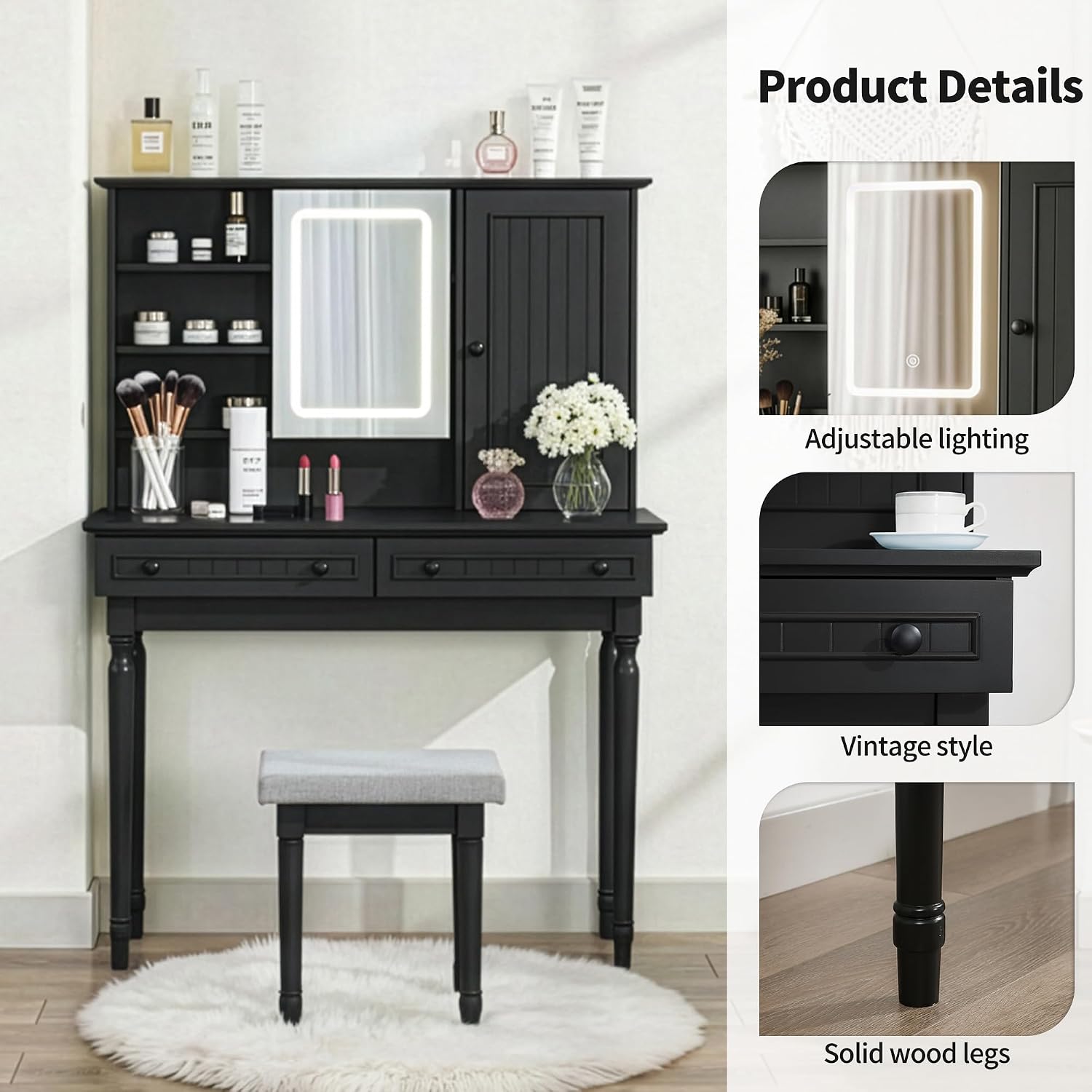 Scurrty Vintage Vanity Table Set with Stool, Color-Changing LED Mirror & Storage Organizer, Classic Wooden Dressing Makeup Desk for Bedroom (Black)