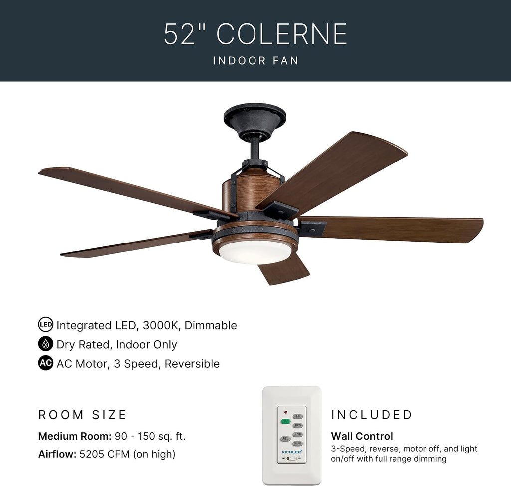Kichler Colerne 52'Ceiling Fan with LED Light in Black, 5-Blade Vintage Industrial IndoorFan, 3000k, (52'W x 17' H), 300052DBK