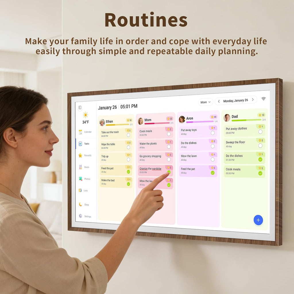 27 Inch Digital Calendar Chore Chart with Touchscreen - Full HD Interactive Display, Wall & Desk Mountable Family Planner, to-Do List & Meal Planner, Digital Picture Frame Gifts for Women Mom