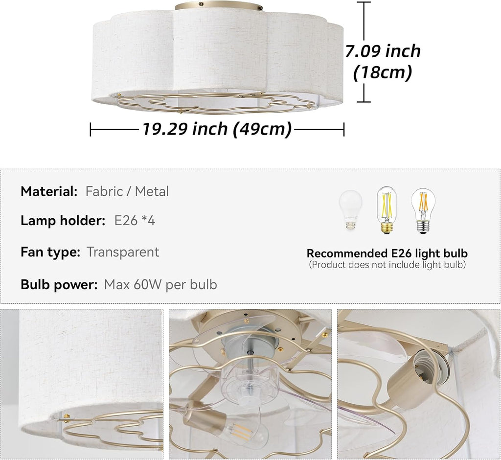 20' Low Profile Ceiling Fan with Light, Caged Flush Mount Ceiling Fan with Light Remote Control, Boho Bladeless with 6 Speeds for Bedroom, Nursery, Living Room.