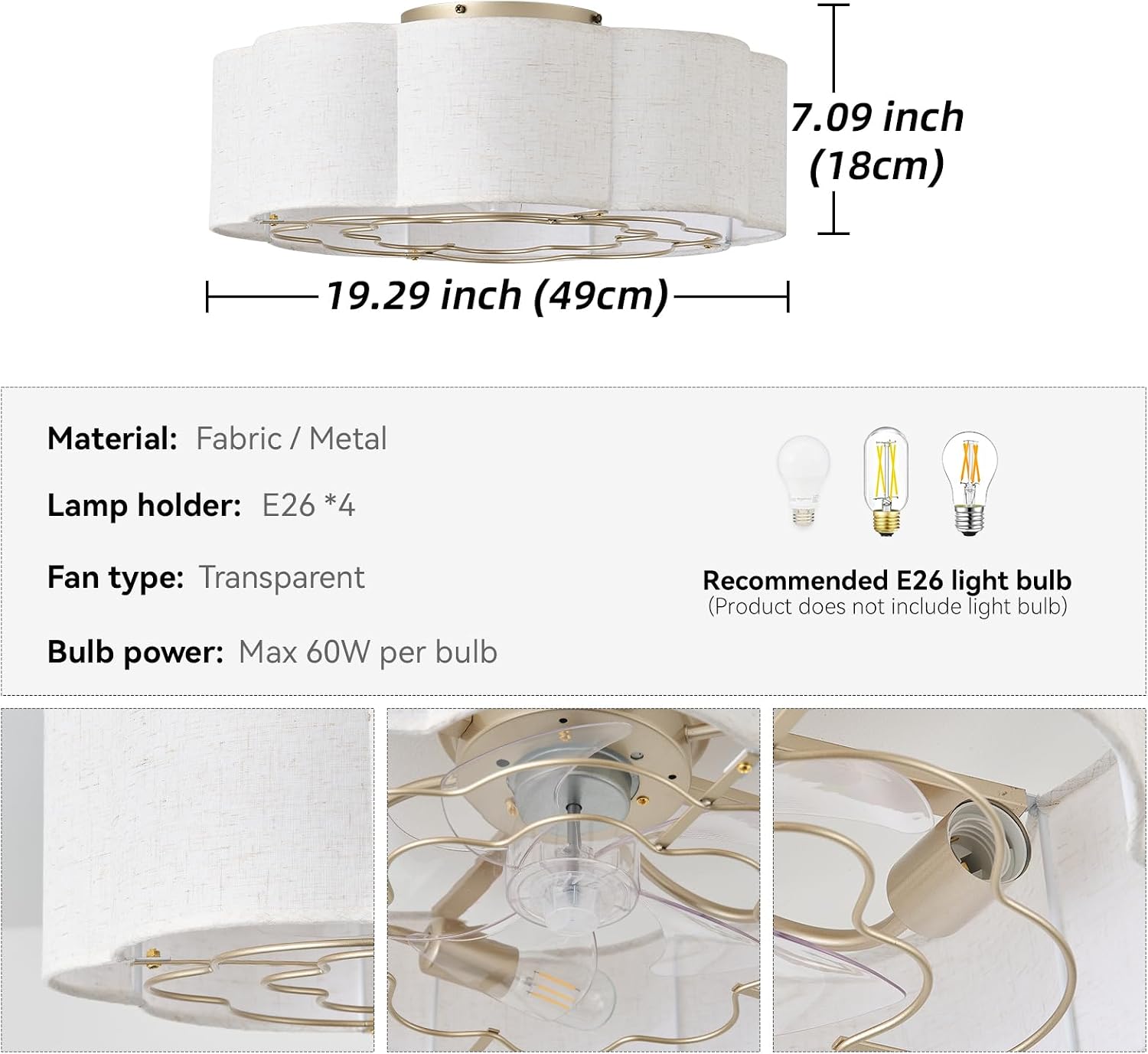 20' Low Profile Ceiling Fan with Light, Caged Flush Mount Ceiling Fan with Light Remote Control, Boho Bladeless with 6 Speeds for Bedroom, Nursery, Living Room.
