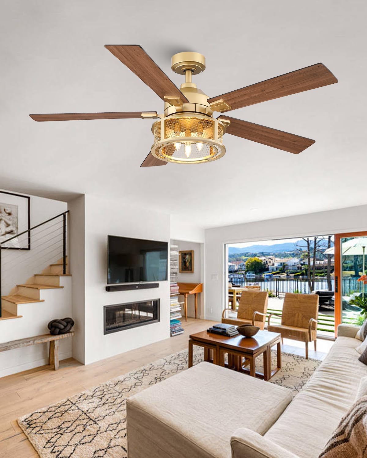 Parrot Uncle 52 Inch Ceiling Fan with Lights and Remote, Rustic Gold Ceiling Fan for Living Room Bedroom, 2 Color Blades, 3 Speeds,3 CCT,Timing and Memory Function(Bulb not included)