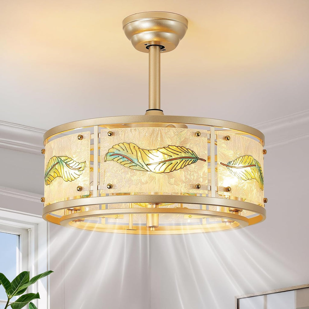 AIJIASI Gold Fandelier Ceiling Fans with Lights, 20' Caged Ceiling Fan with Light and Remote Control, Chandelier Ceiling Fan Low Profile with 6 Speeds for Bedroom, Living Room, Nursery