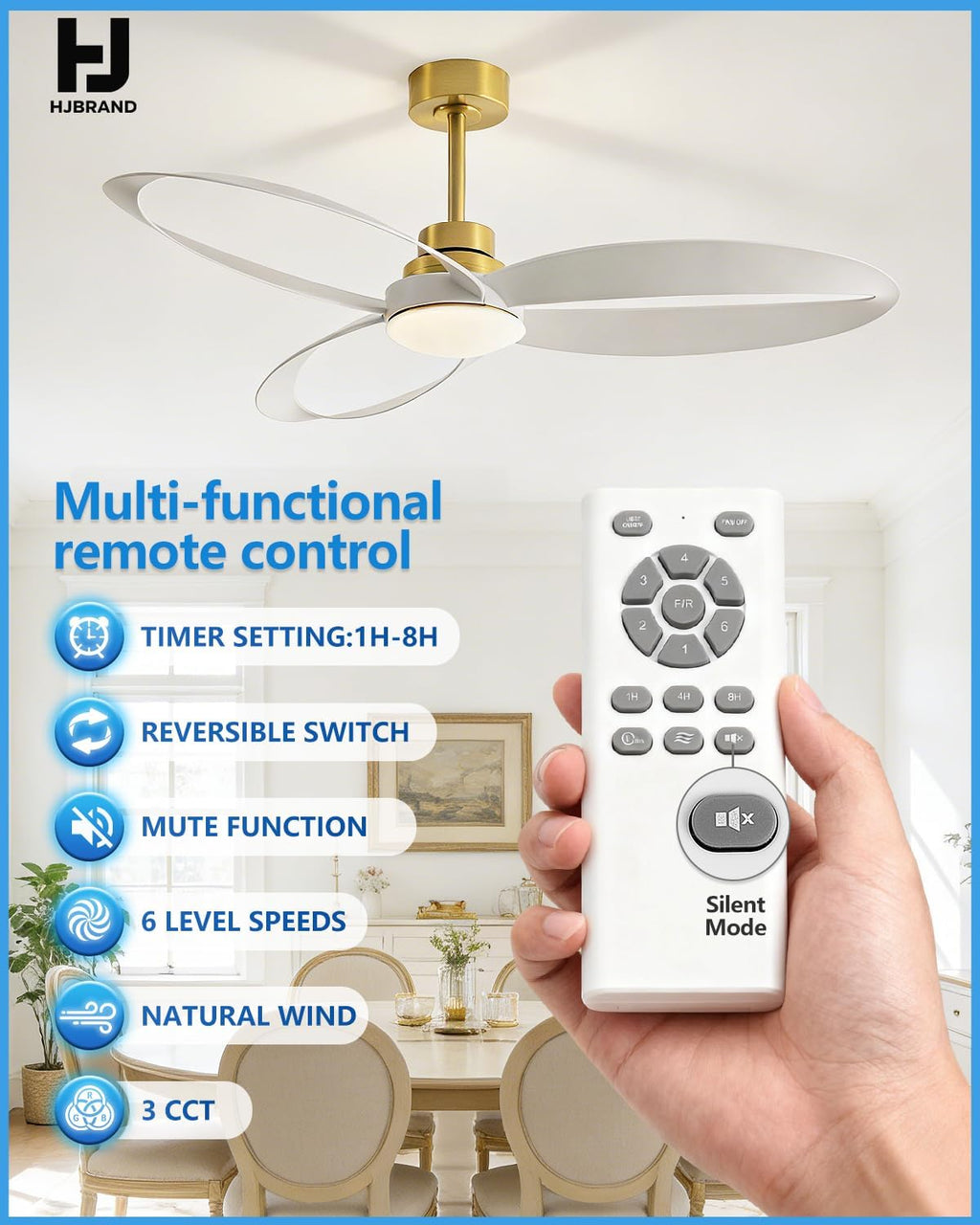 52' Ceiling Fan with Lights and Remote,Modern Ceiling Fan Gold, 6 Speed, Reversible, 3000k-6000k LED, Quiet DC Motor for Indoor Outdoor Bedroom Living Room Patio