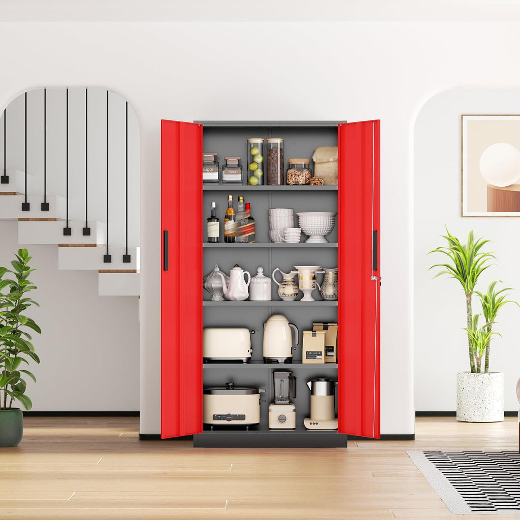 SUNCROWN Metal Storage Cabinets with Lock, Tool Cabinet, 72' Locking Steel Storage, Tall Locker Organizer Garage Cabinets with 2 Doors and 4 Shelves for Home,Office,Warehouse,Garage,School(Black Red)