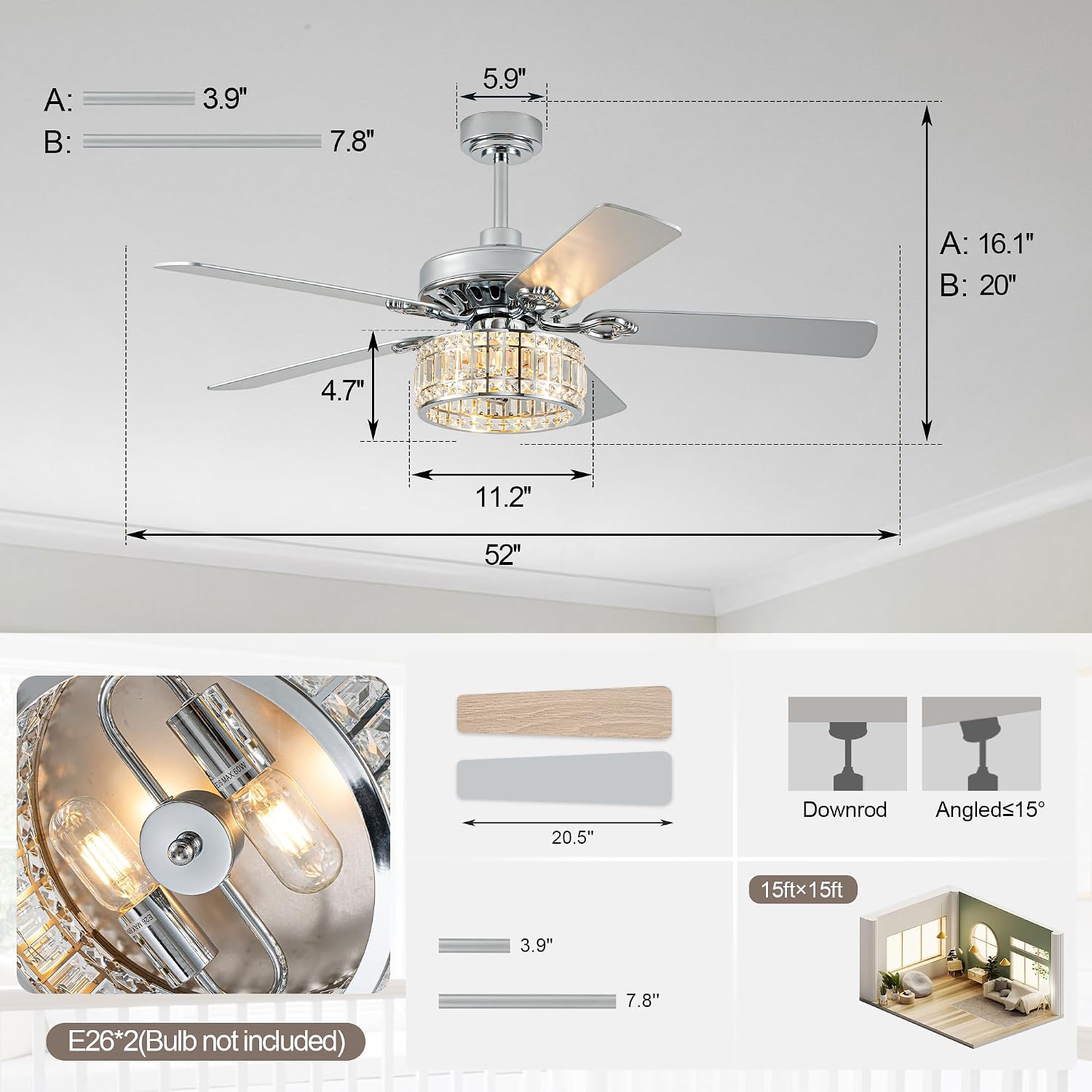 Bella Depot 52' Ceiling Fan with Light, Caged Chandelier Fan with Light (No Bulbs Included), Vintage Fandelier Fan with Quiet DC Motor for Dining Living Room Bedroom (Chrome)