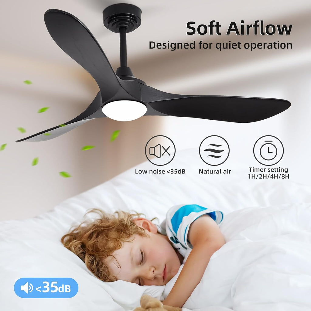52' Outdoor Ceiling Fan with Light and Remote via WiFi Alexa, 3 Black Solid Wood Blade, Noiseless Reversible Dc Motor, Smart Outdoor Wood Ceiling Fan for Farmhouse Patios, Black