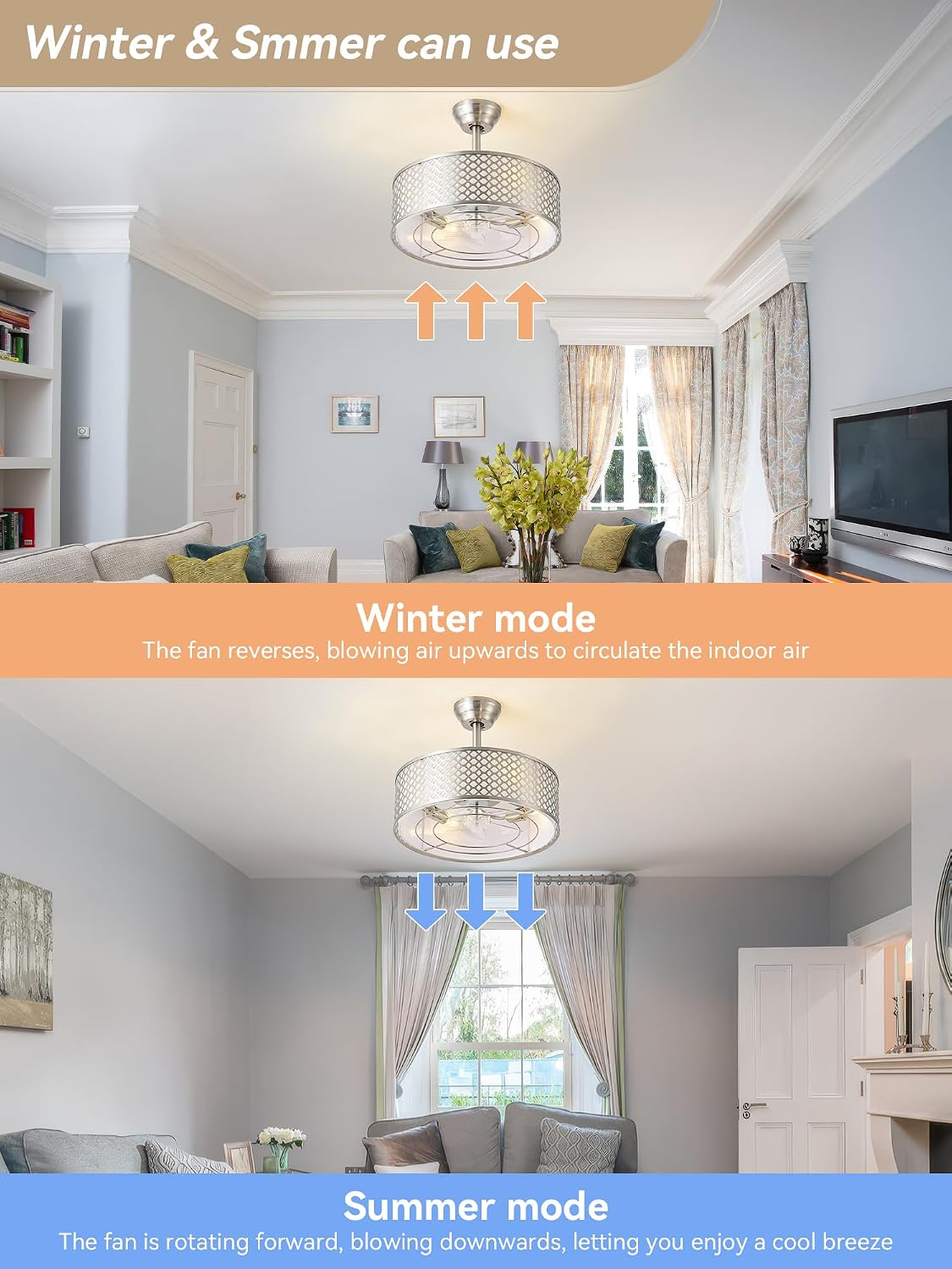 Silver Fandelier Ceiling Fan with Light, 20' Caged Boho Ceiling Fans with Lights and Remote, Mid Century with 6 Speeds for Bedroom, Living Room, Nursery