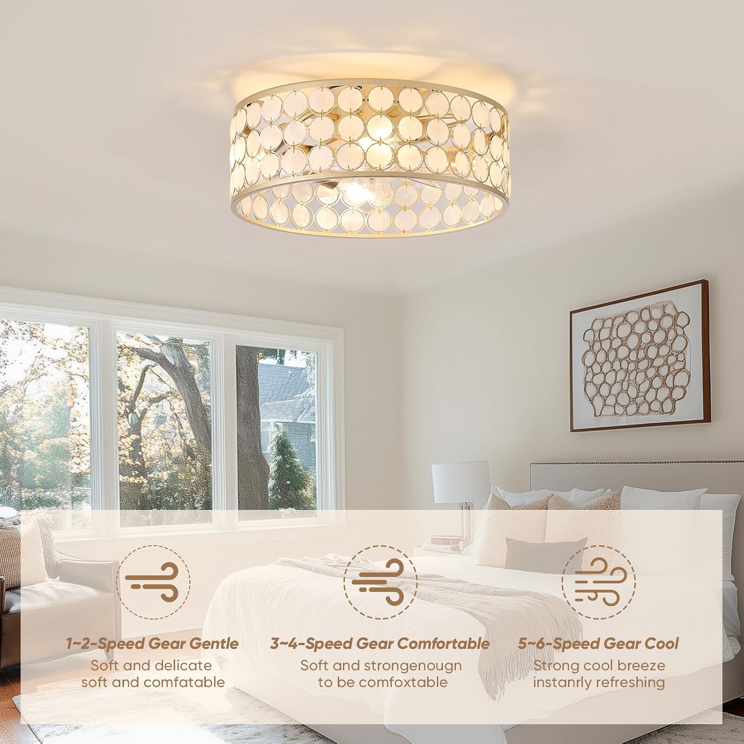 20'Boho Ceiling Fans with Lights and Remote Capiz Fandelier Ceiling Fan with Light Coastal Enclosed Caged Ceiling Fan for Bedroom，Nursery,Foyer,Kitchen(6 Speeds Gold Shade and White Shells )
