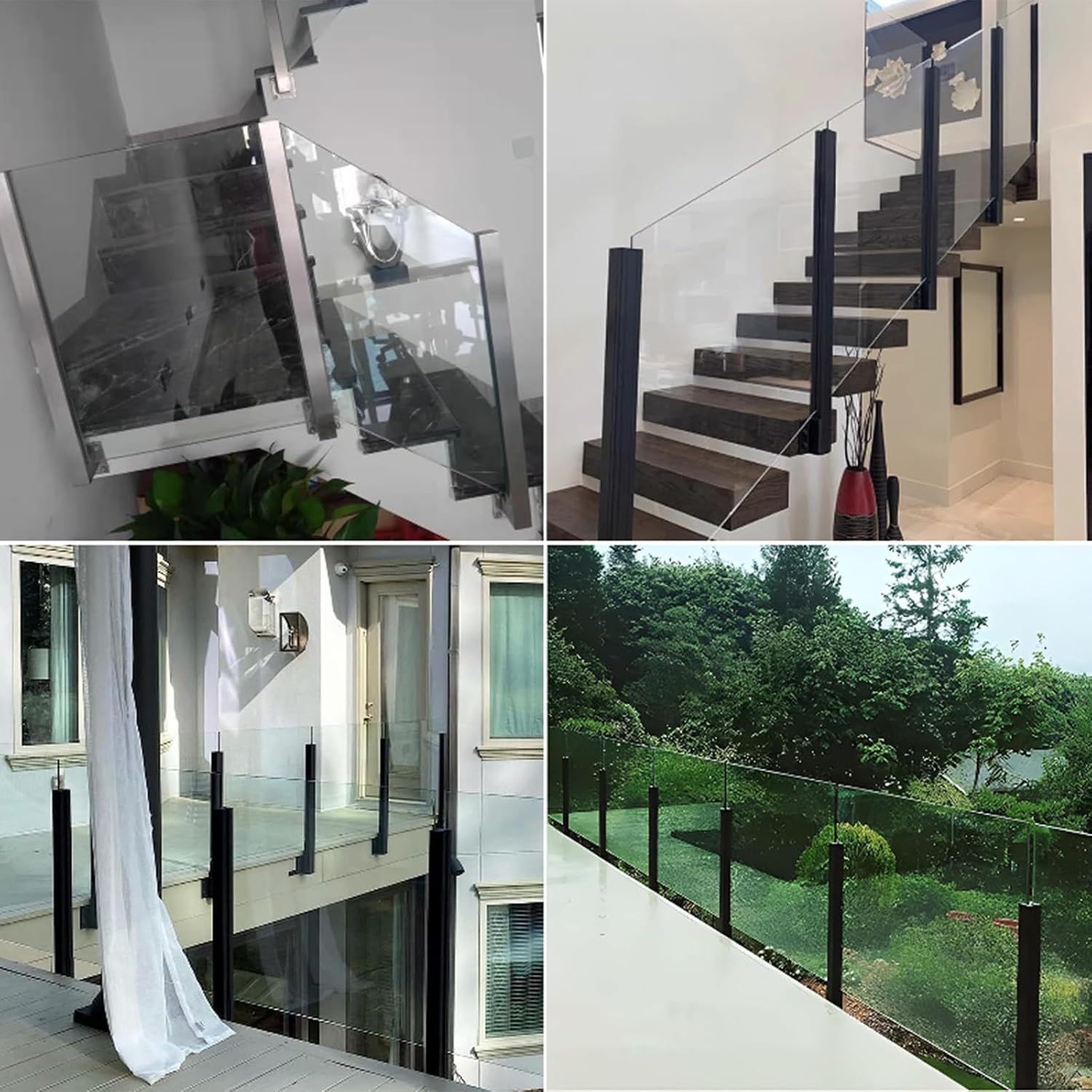 Commercial Glass Railing Columns Side Mount, Black Black Matte Finish Balcony Glass Fence Clamp Bracket with 15mm Inner Slots, for 3/8-1/2 In Glass/Wood/Plastics Panel(Black-Corner post,Height - 24in)