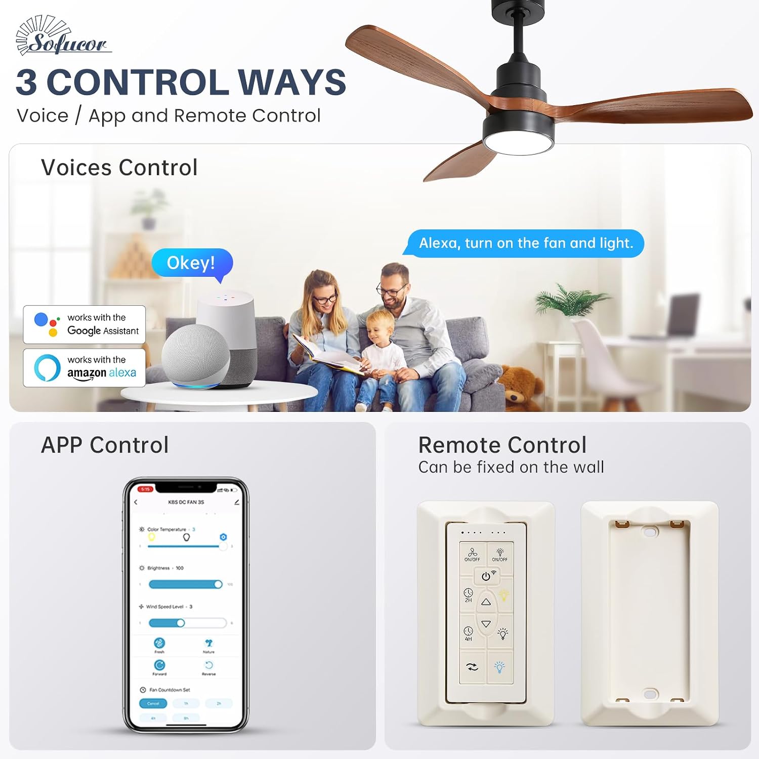Sofucor 48 Inch Smart Ceiling Fan with Light, Solid Wood Low Profile Ceiling Fans with Lights and Remote, Work with Alexa/Google/App, Quiet DC Motor, 3 Blade Ceiling Fan for Bedroom Living Room Patio