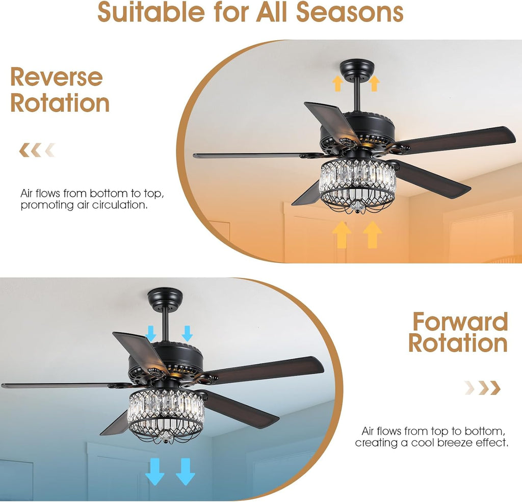 Kviflon Farmhouse Crystal Ceiling Fans with Lights and Remote, 52 Inch Chandelier Ceiling Fans, Black Fandelier Ceiling Fan for Bedroom Living Room, Quiet DC Motor, Reversible, Bulb not Included