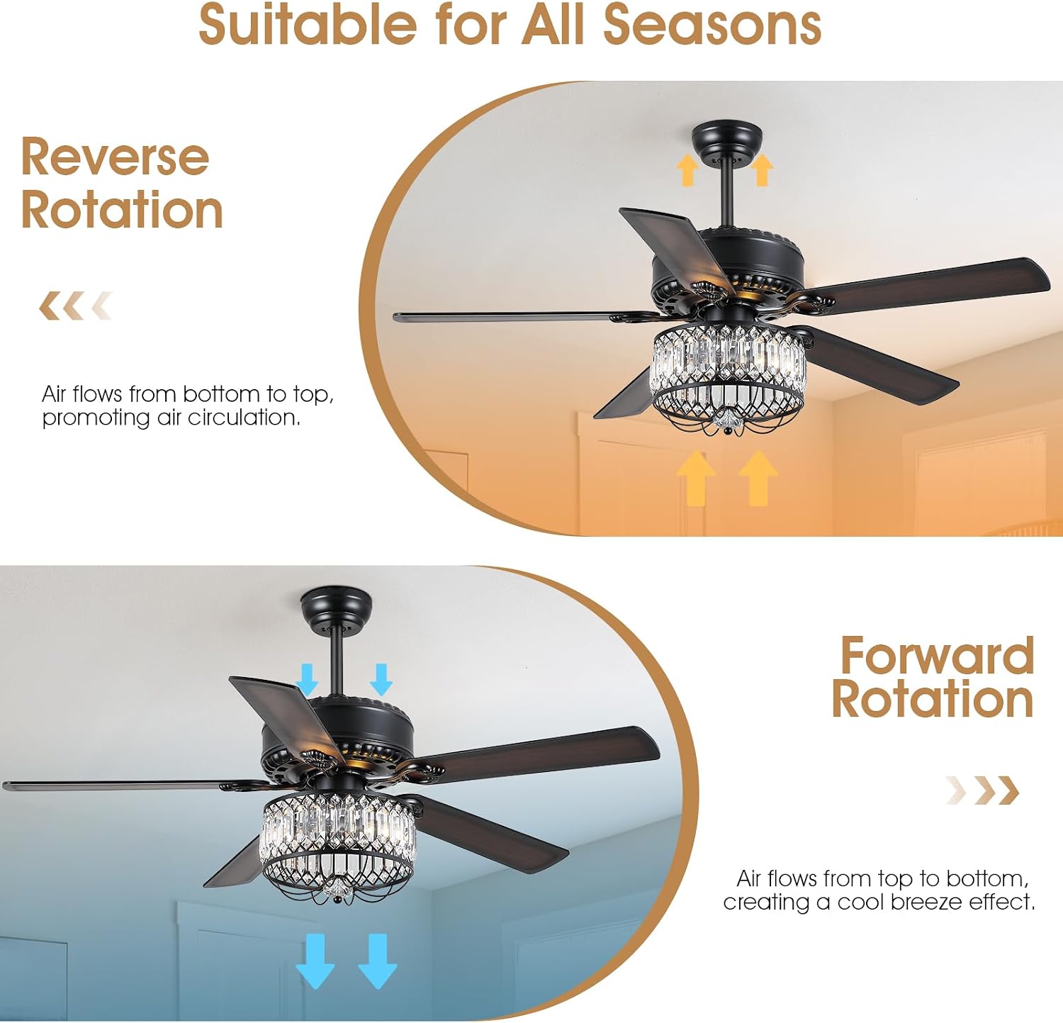 Kviflon Farmhouse Crystal Ceiling Fans with Lights and Remote, 52 Inch Chandelier Ceiling Fans, Black Fandelier Ceiling Fan for Bedroom Living Room, Quiet DC Motor, Reversible, Bulb not Included