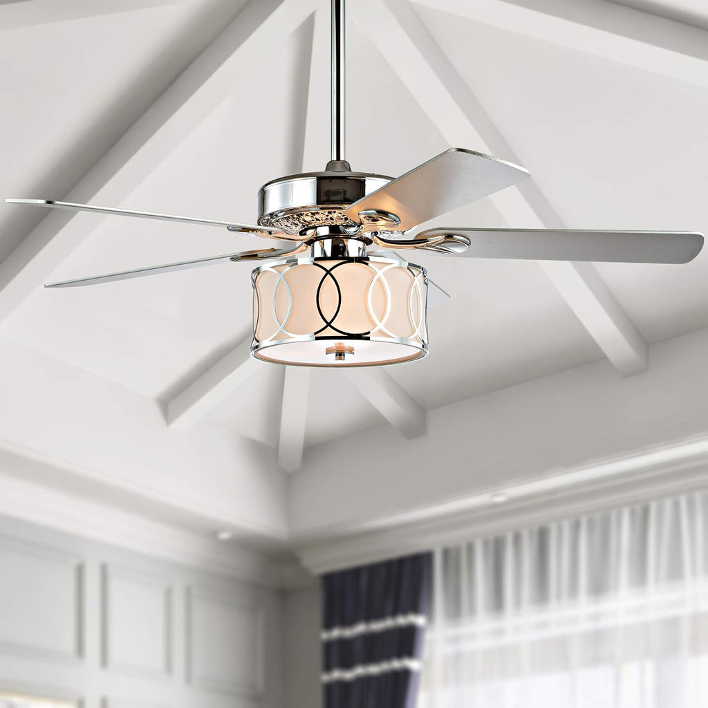 JONATHAN Y 52' Chrome Modern Glam LED Ceiling Fan with Remote, 3-Light Indoor Fan with 5 Reversible Blades, White Fabric Drum Shade for Living Room, Bedroom, ETL Listed JYL9607A