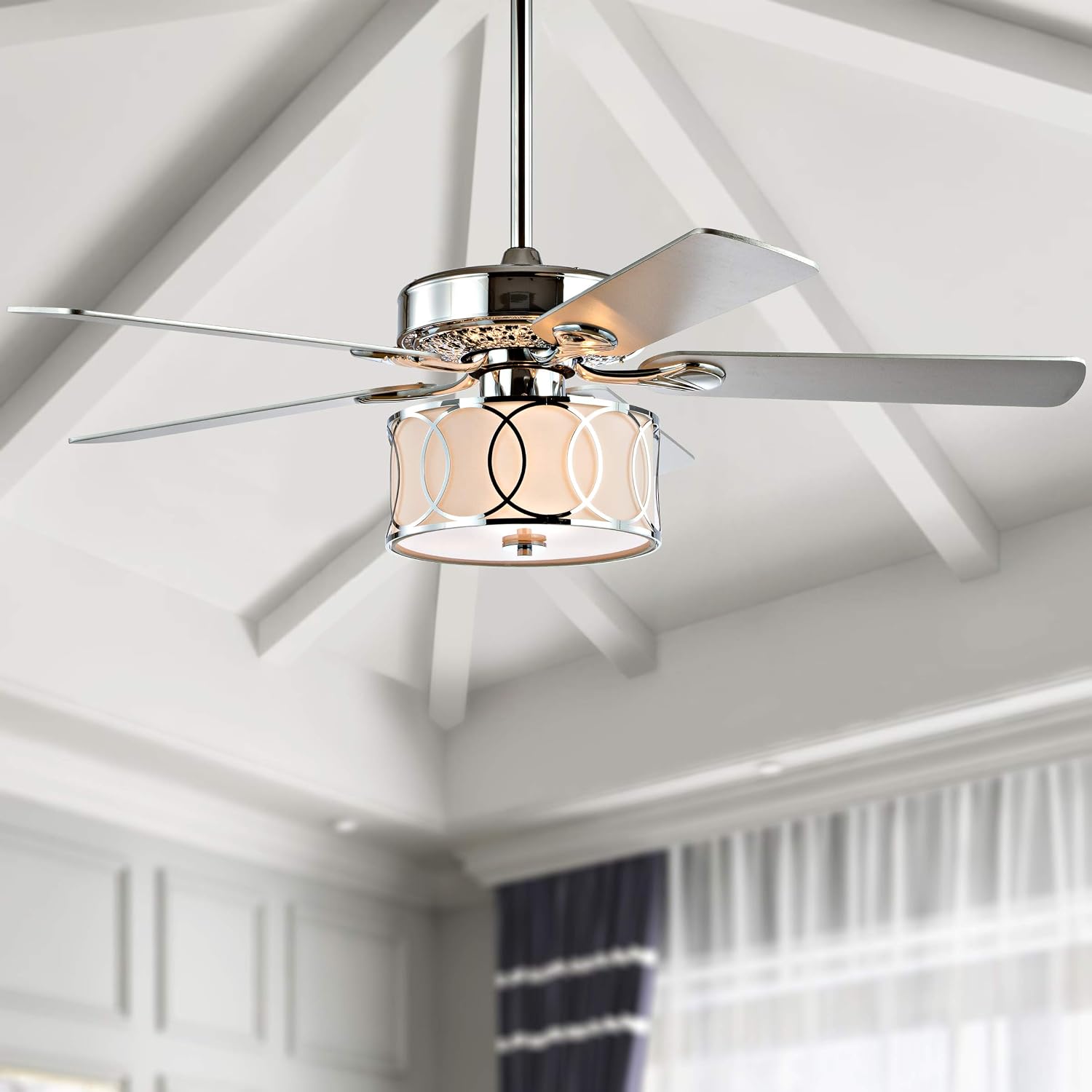 JONATHAN Y 52' Chrome Modern Glam LED Ceiling Fan with Remote, 3-Light Indoor Fan with 5 Reversible Blades, White Fabric Drum Shade for Living Room, Bedroom, ETL Listed JYL9607A