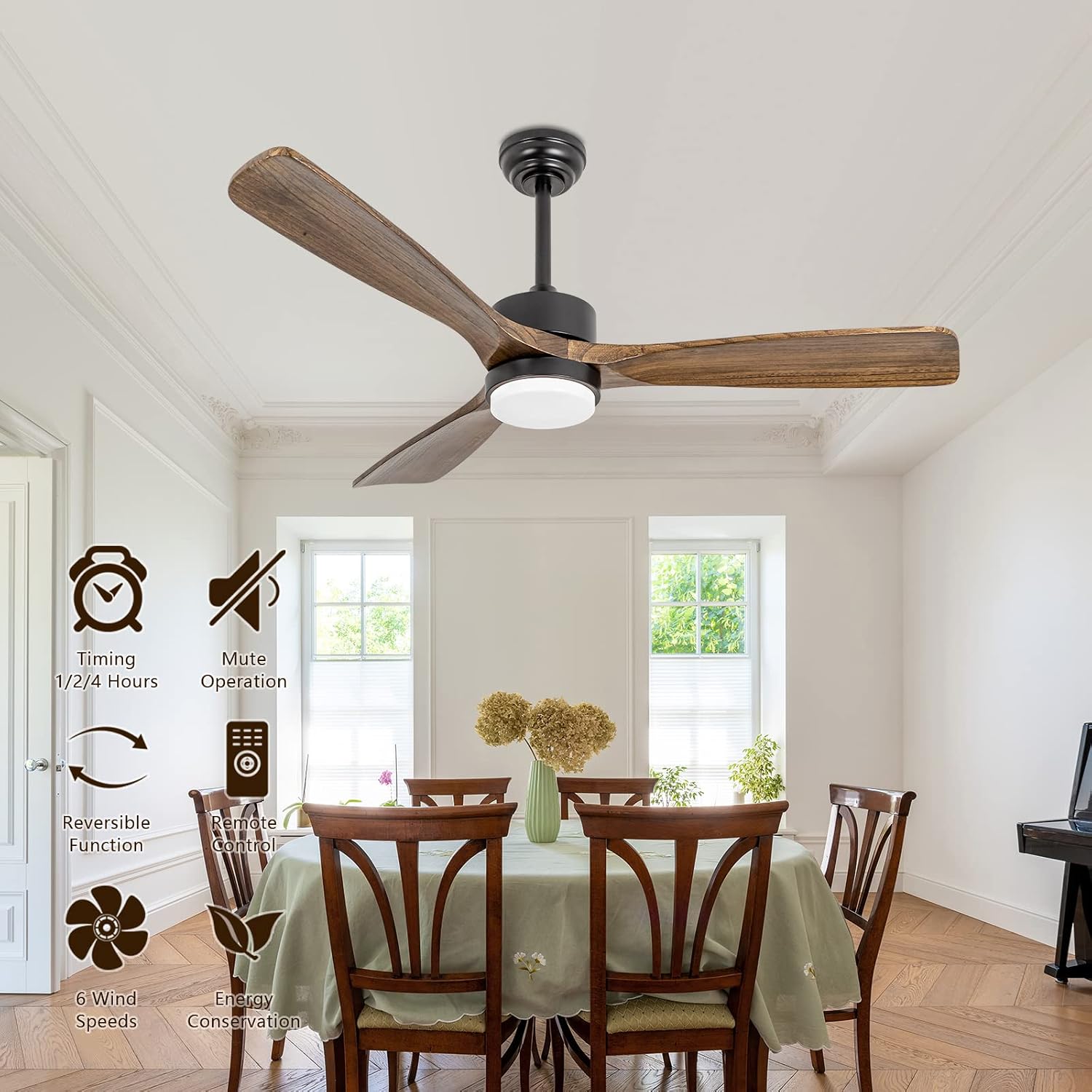 52' Ceiling Fans with Lights and Remote Control, Indoor Outdoor Ceiling Fans Farmhouse, Timing 6 Speeds 3 Color Light with Memory Lighting Function
