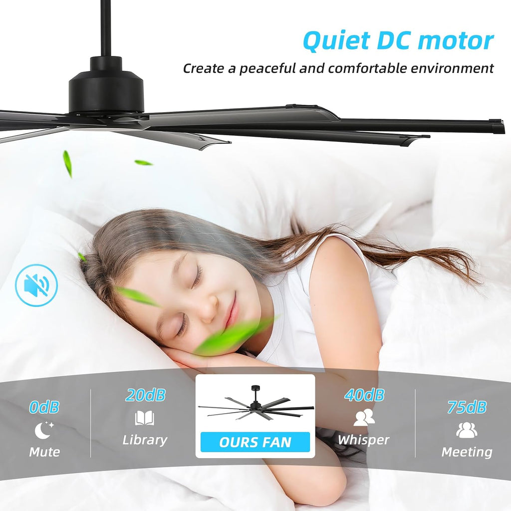 72 Inch Ceiling Fan No Light with Remote Control, 8 Blades Quiet DC Reversible Motor, 6-Speed, Timer, Black, Indoor Outdoor Ceiling Fans for Patios, Living Room, Garage