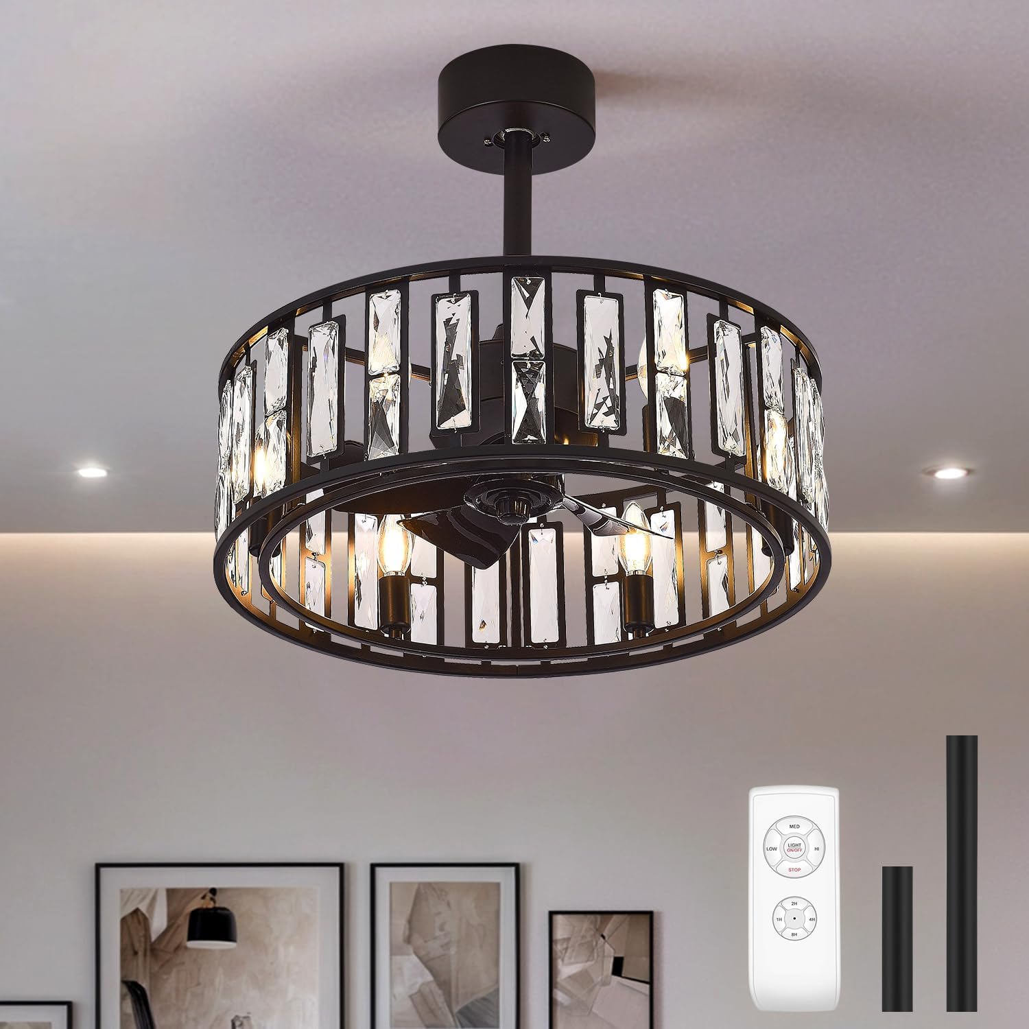 20' Small Caged Ceiling Fans with Lights and Remote, Industrial Enclosed Ceiling Fan Crystal Light with Reversible DC Motor, Bladeless Ceiling Fans for Bedroom Living Room (Black)