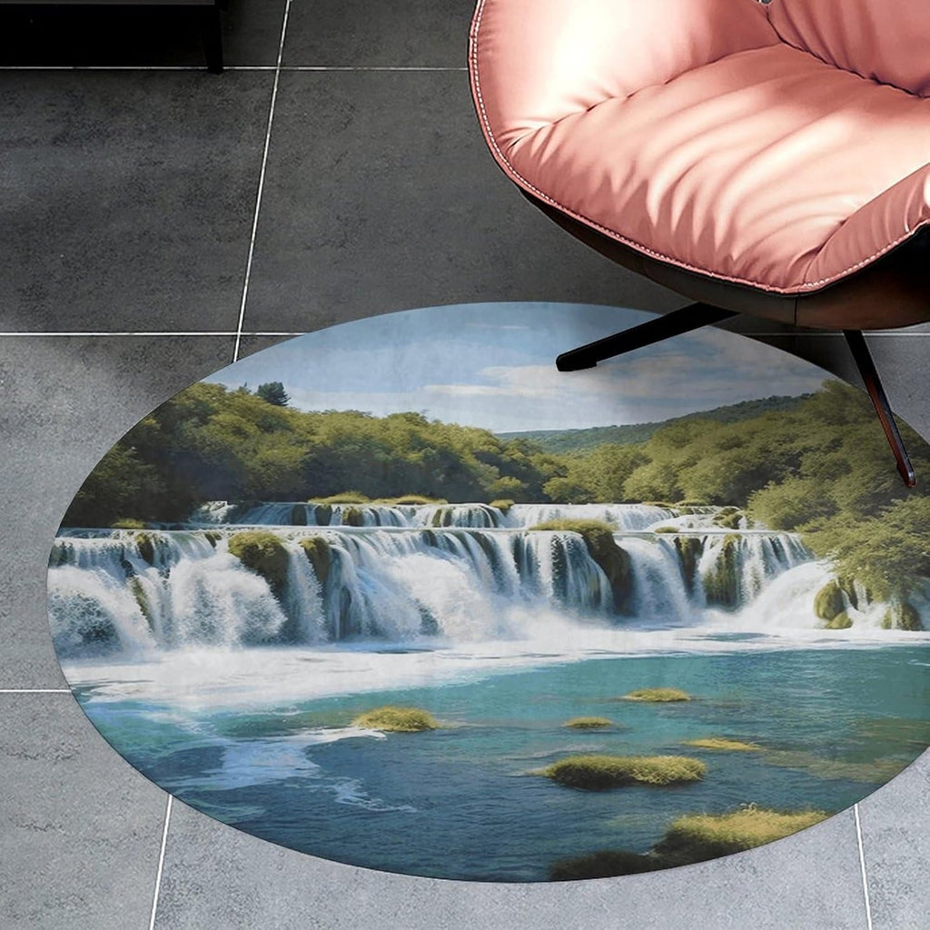 Waterfalls on Krka River Coral Velvet Round Floor Mat Non-Slip Bath Rug Floor Covering for Bathroom Vanity Guest Suite & Vacation Home