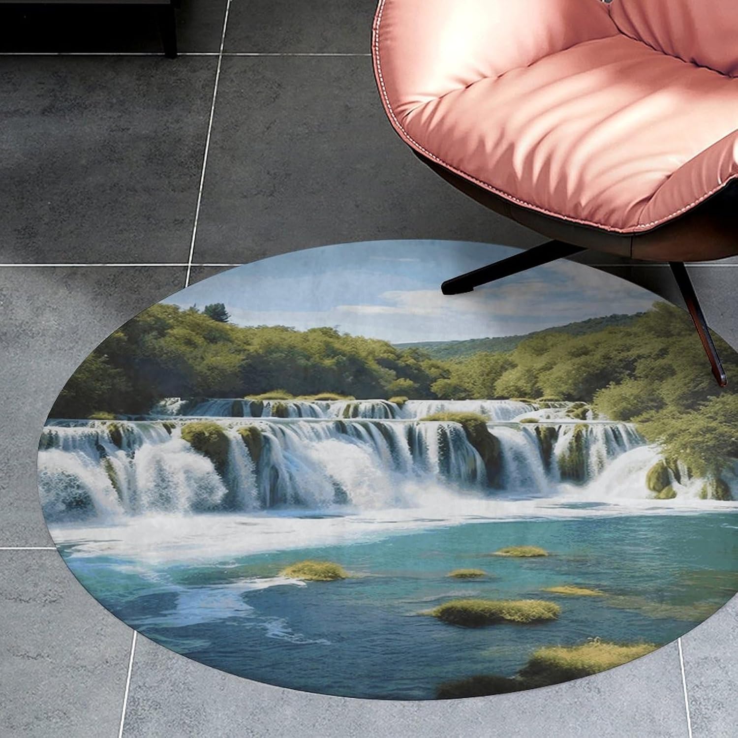 Waterfalls on Krka River Coral Velvet Round Floor Mat Non-Slip Bath Rug Floor Covering for Bathroom Vanity Guest Suite & Vacation Home