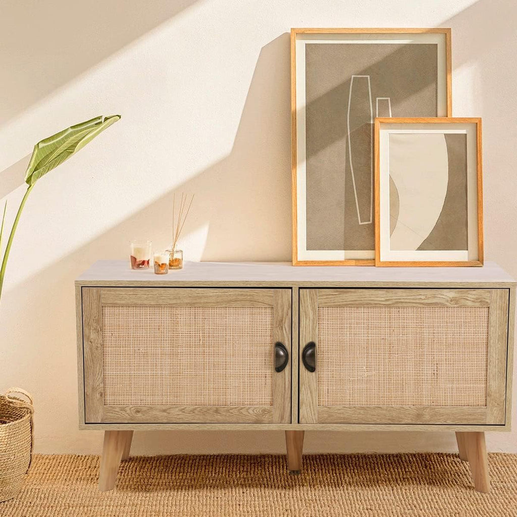 PHI VILLA Rattan Cabinet - TV Stand/Storage Cabinet with Doors, Console Table