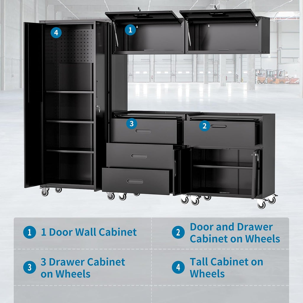 5 PCS Garage Storage Cabinets System Heavy Duty Workshop Set with Drawers Locking Rolling Cart with Adjustable Shelves Garage Tool Workbench Cabinets (5 PCS-2,Black)