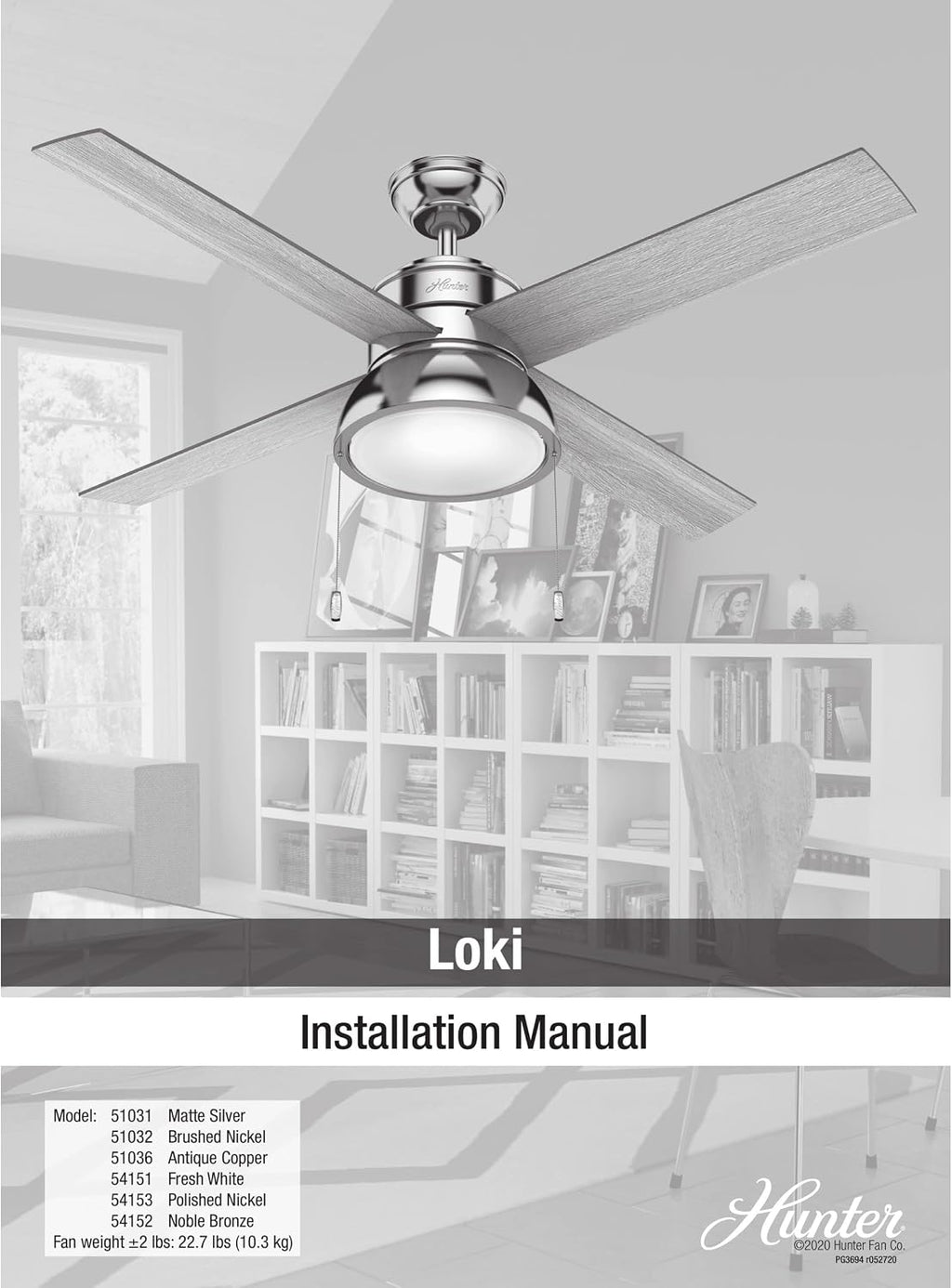Hunter Fan Company, 51036, 52 inch Loki Weathered Copper Ceiling Fan with LED Light Kit and Pull Chain