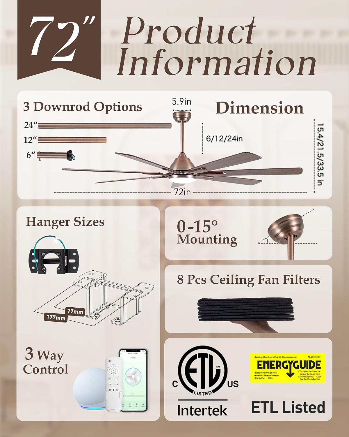 Minislak 72' Oil Rubbed Bronze Smart Ceiling Fan with Light via WiFi Alexa,6-Speeds Quiet DC Motor,Dimmable,Outdoor Antique Bronze Large Ceiling Fan for Living Room,Patio,Dual Finish 7 Blades