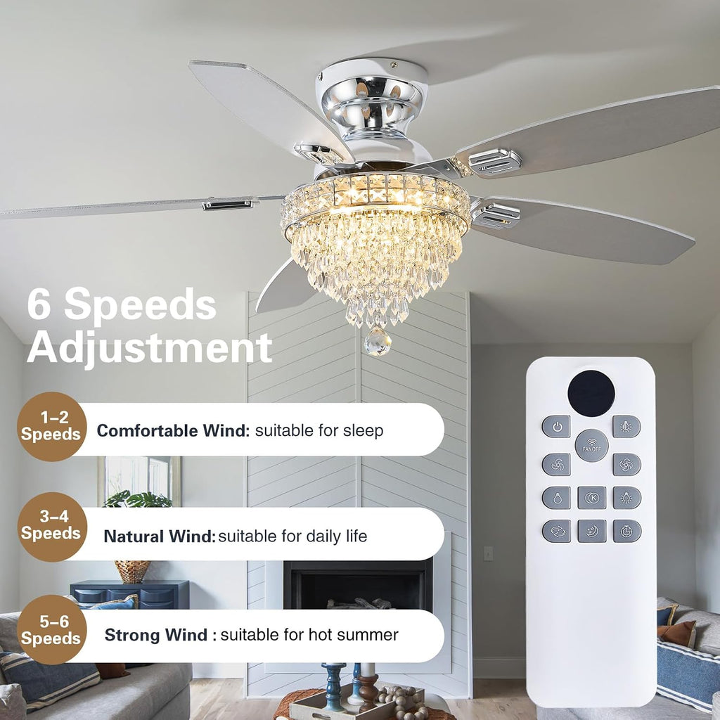 Crystal Ceiling Fan Fandelier with Lights-Ceiling Fans,50' Low Profile and Remote Control, Flush Mount, Reversible, Dimmable, Noiseless,Ceiling Fan for Bedroom（Chrome）