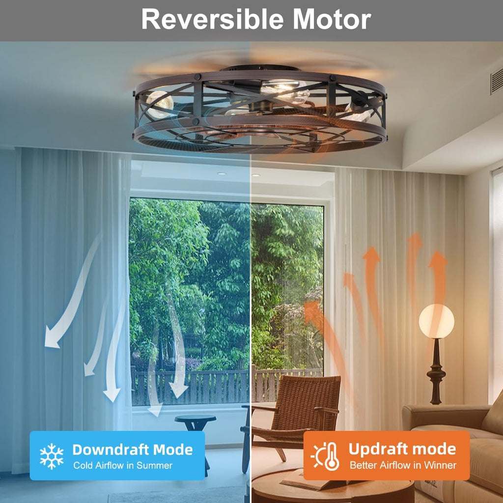 SHLUCE 24' Farmhouse Caged Flush Mount Ceiling Fan with Light, Rustic Low Profile Bladeless Ceiling Fans with Lights and Remote, Modern Large Ceiling Fan with Light for Bedroom, Kitchen, Brown - ETL